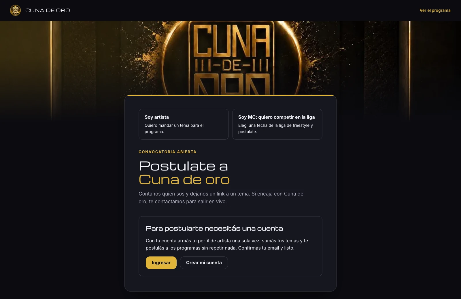 La página de convocatoria de un programa: la invitación a postularse como artista o a competir en la liga.