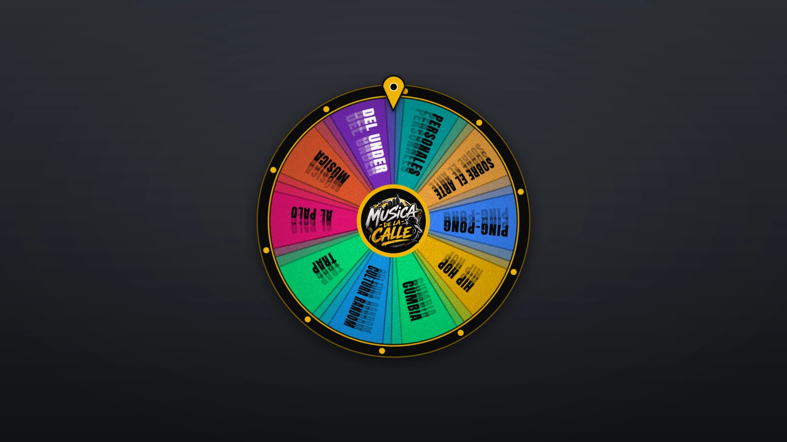 Una ruleta de colores con un tema en cada porción y el logo del programa en el centro, sobre un fondo oscuro.