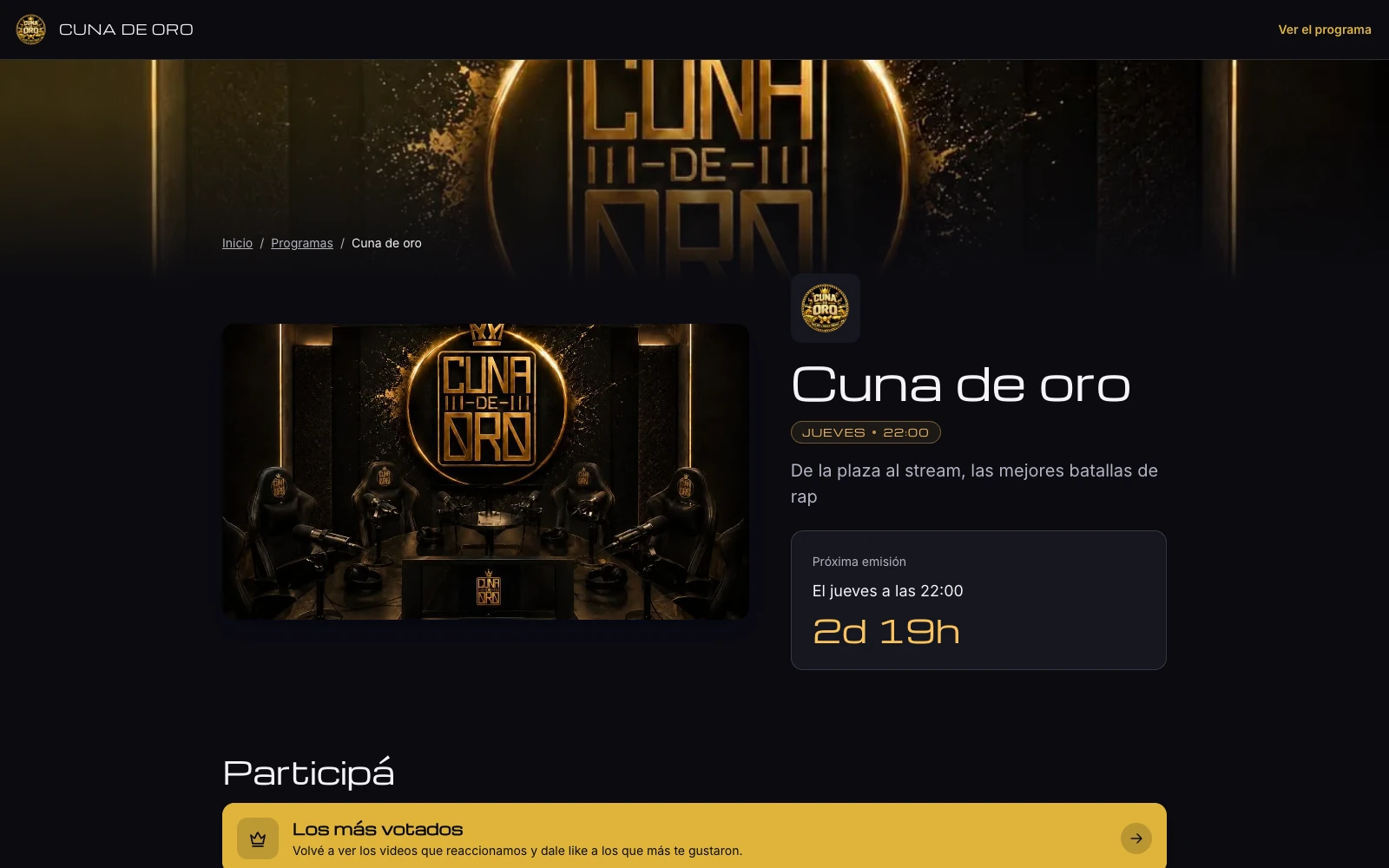 La página de un programa de streaming: su portada, su día y horario, y cuánto falta para que empiece.