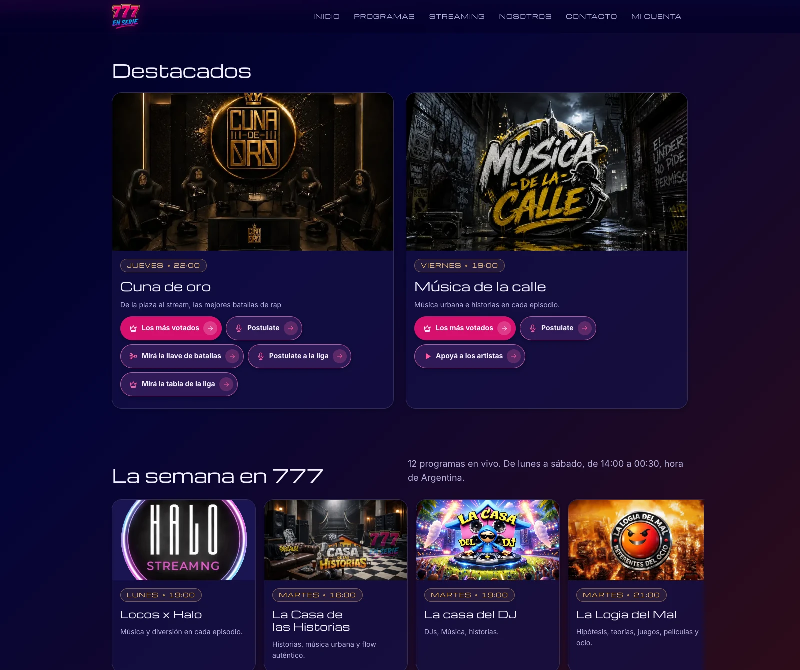 La portada del sitio de un canal de streaming: dos programas destacados y, debajo, la grilla con los programas de la semana.