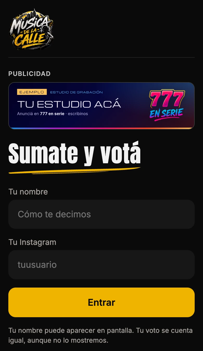 La pantalla de un celular con la entrada a la votación de un programa: el logo, un aviso de ejemplo y el botón para entrar.